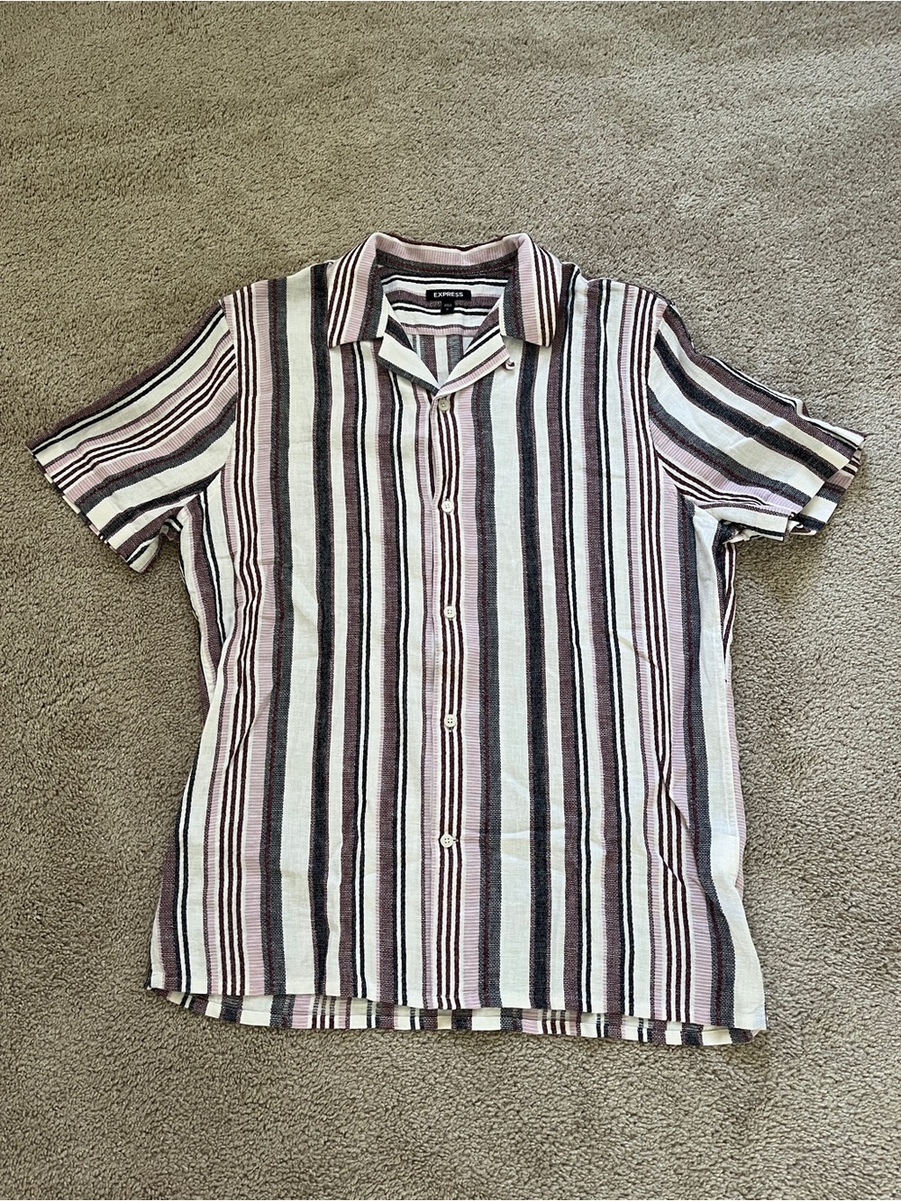 Express Men’s Short Sleeve Vertical Stripe Button-Down - White & Purple & Black